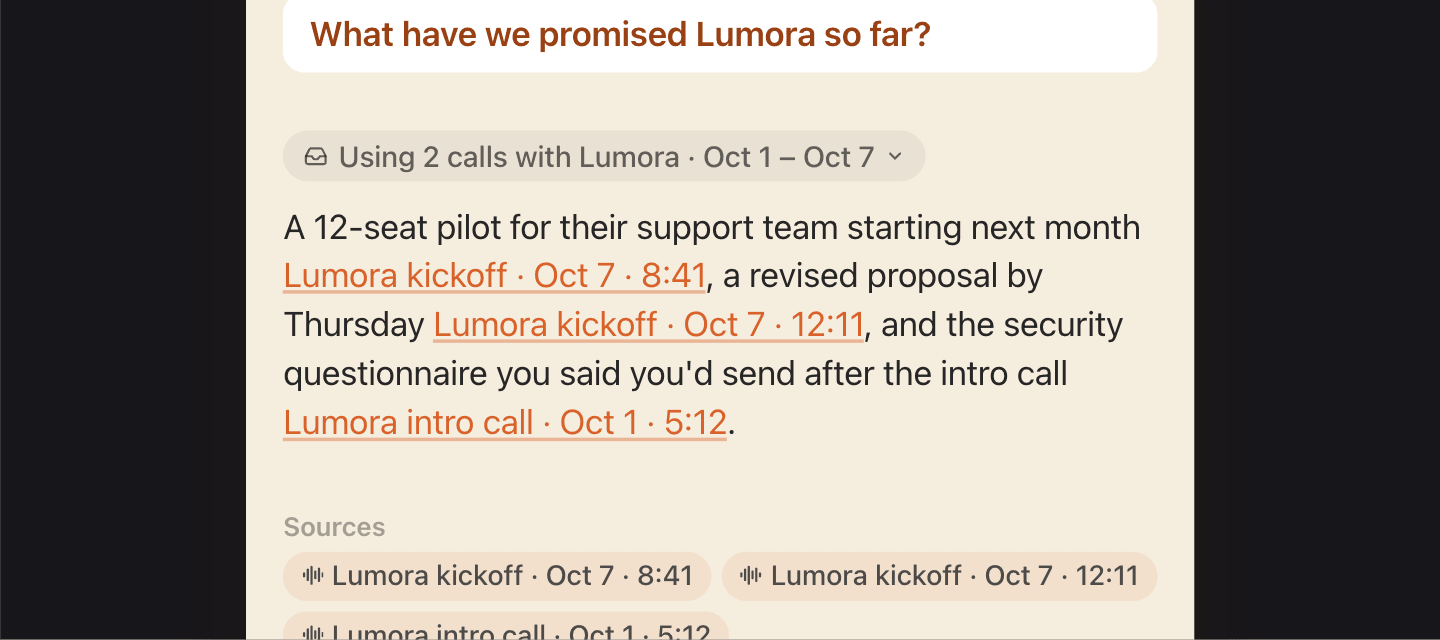 An answer from two calls with Lumora, each claim linked to a moment in the call.