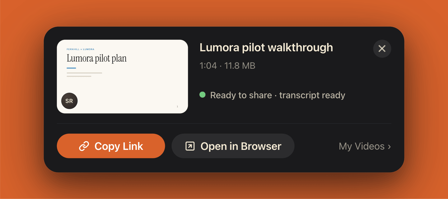 The SwitchDesk share card for a 1:04 video, “Lumora pilot walkthrough”, ready to share with Copy Link.