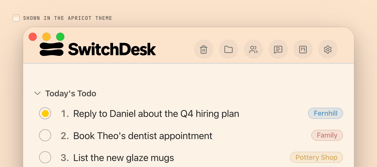 The SwitchDesk to-do list with work, family and side-project to-dos in their own categories.