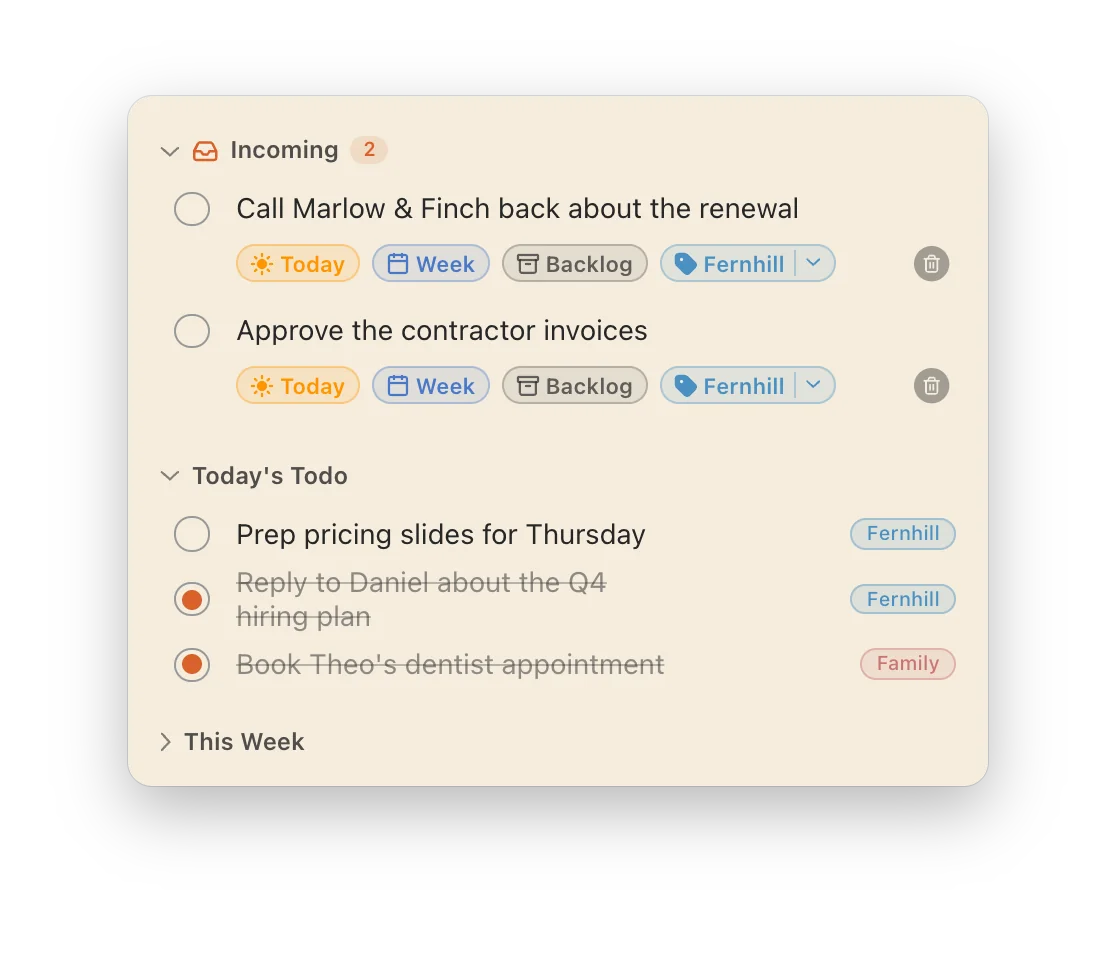 Incoming with two to-dos sent by other tools, each with Today, Week, Backlog and Fernhill chips.