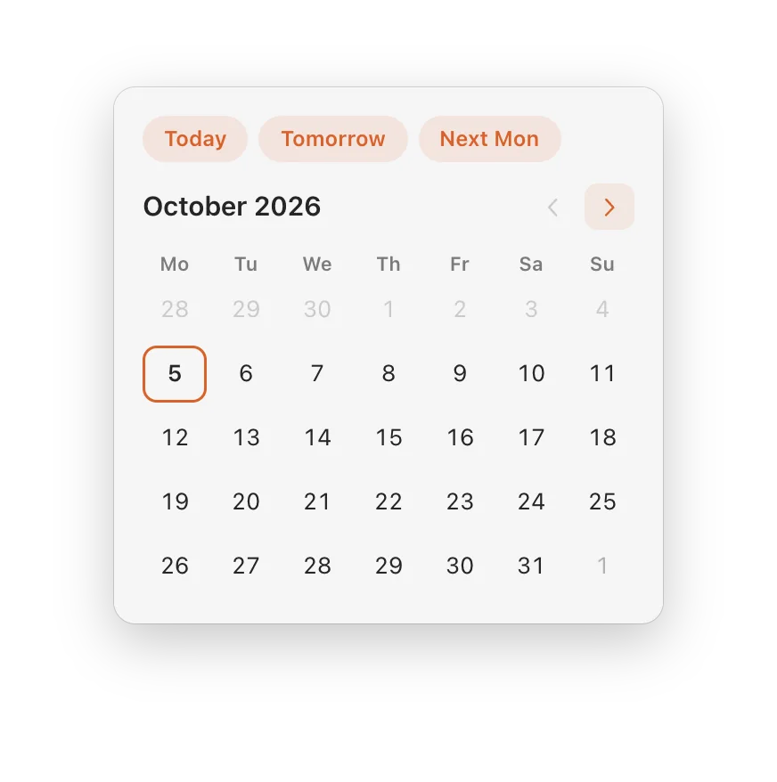 The due-date calendar for October 2026 with Today, Tomorrow and Next Mon chips.