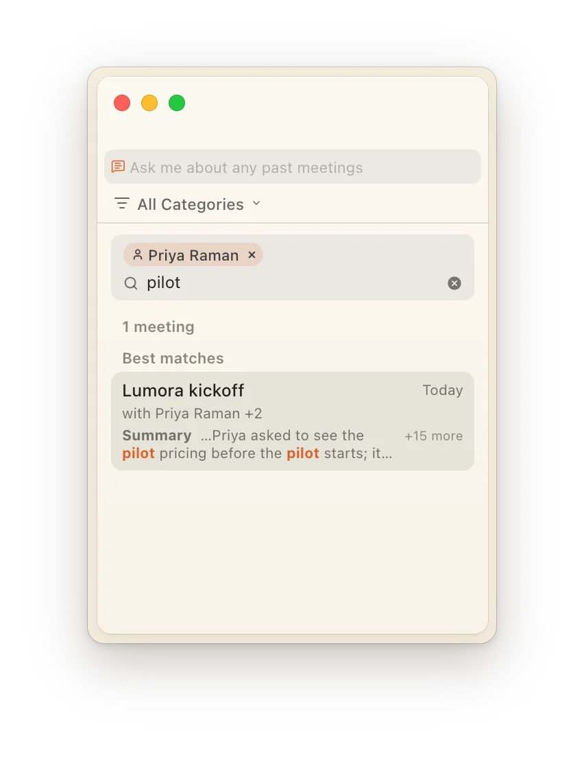 Meeting search for “pilot”, narrowed to Joe Raman, with one best match.