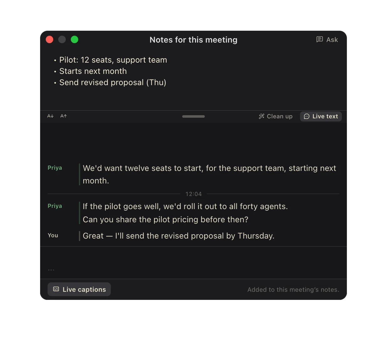 The meeting notepad with live captions open: Joe’s lines named in green, yours labeled “You”.