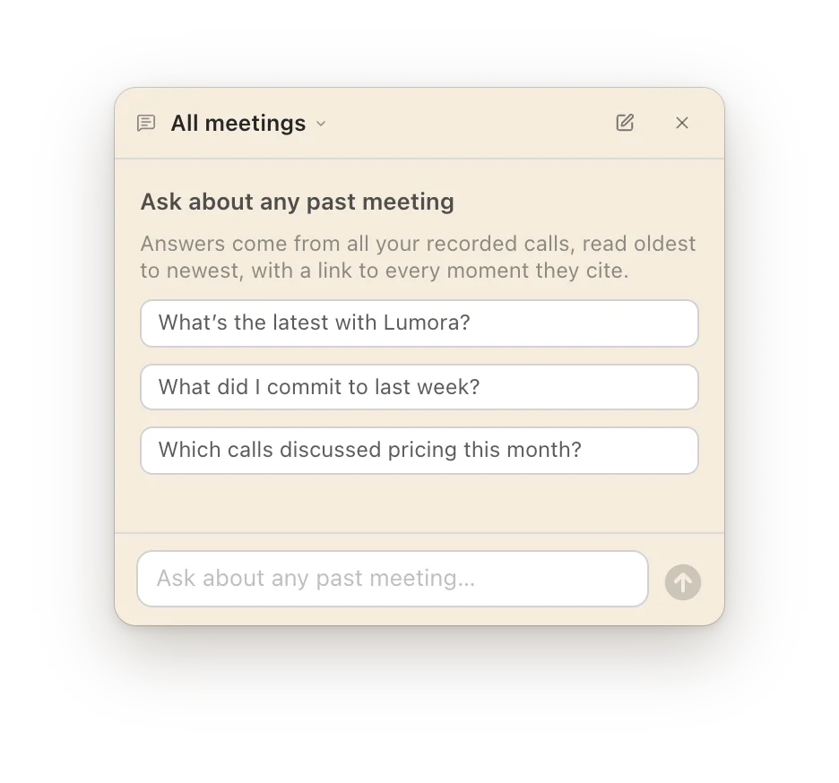 The All meetings Ask panel before a question, with three example questions.