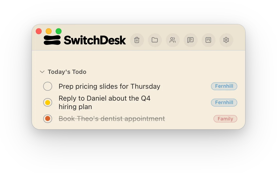 The to-do window with the SwitchDesk logo in its header, above “Today’s Todo”.
