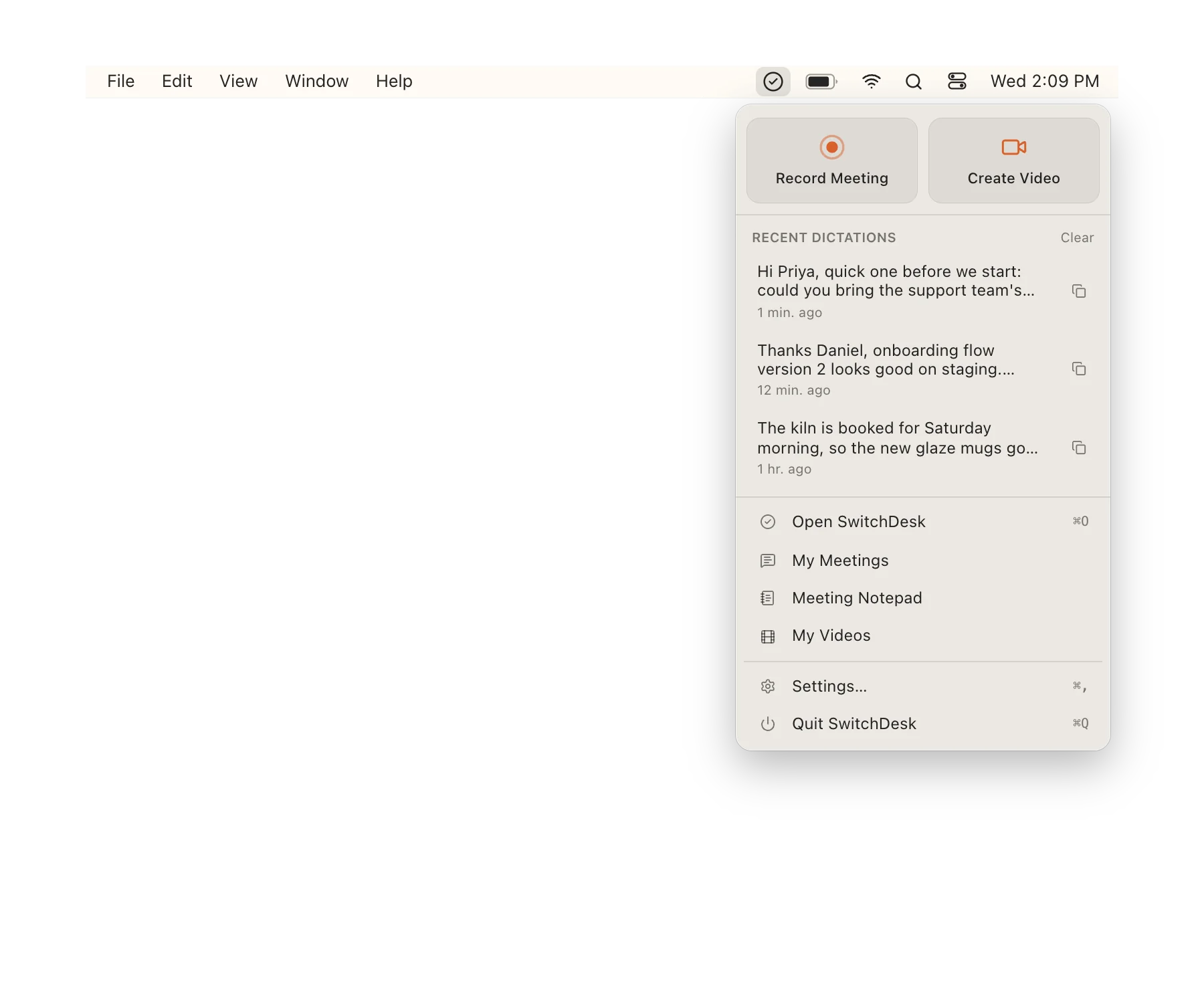 The SwitchDesk menu-bar dropdown hanging from its icon, with Record Meeting and Create Video tiles above Recent Dictations.