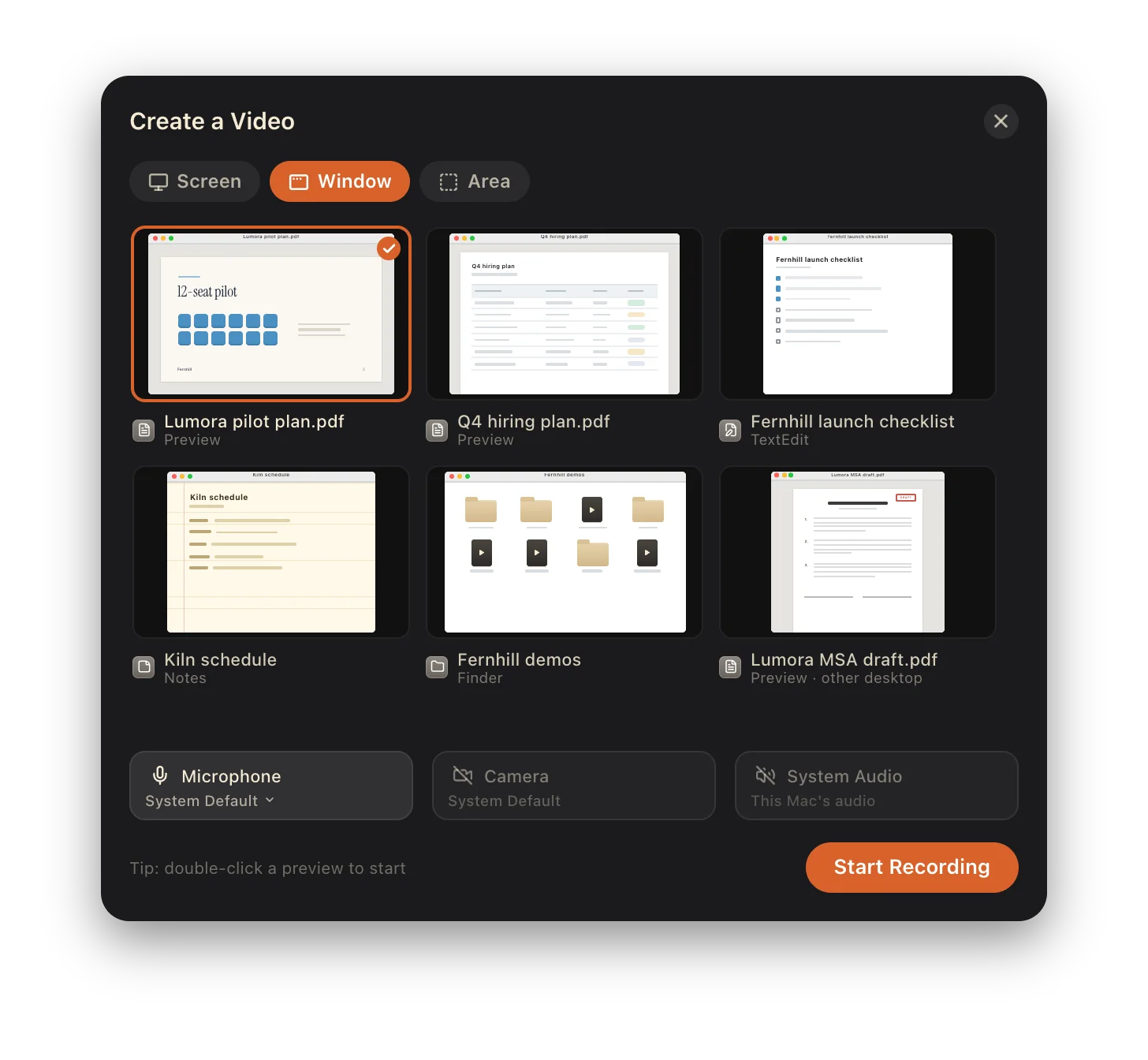 The Create a Video picker in Window mode, with “Lumora pilot plan.pdf” selected.