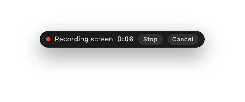 The recording pill: “Recording screen 0:06” with Stop and Cancel.