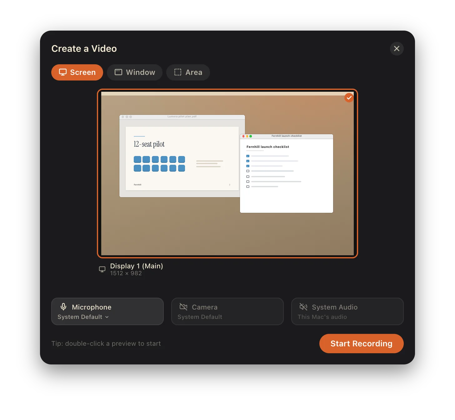 The Create a Video picker in Screen mode, with Start Recording.