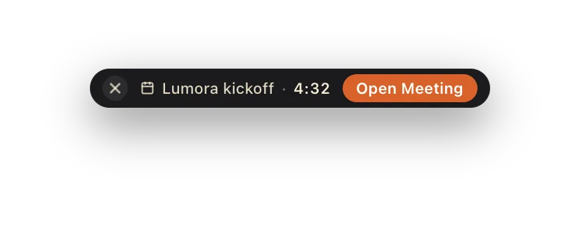 The countdown pill: “Lumora kickoff · 4:32” with an Open Meeting button.